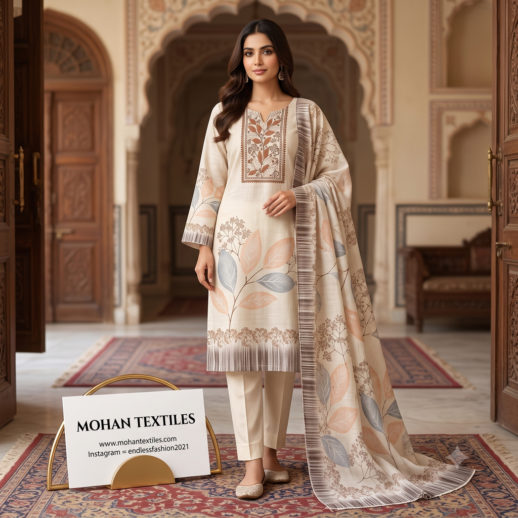 Female model displaying a cream linen unstitched salwar suit with large peach and grey leaf prints, styled with straight-cut trousers and a coordinating printed dupatta from Mohan Textiles.