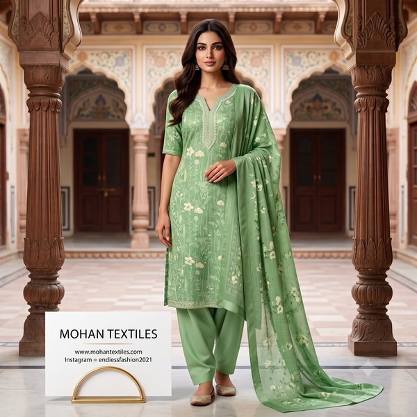 Indian model wearing sage green botanical print Punjabi suit with embroidered V-neck and plain green salwar in traditional haveli lobby