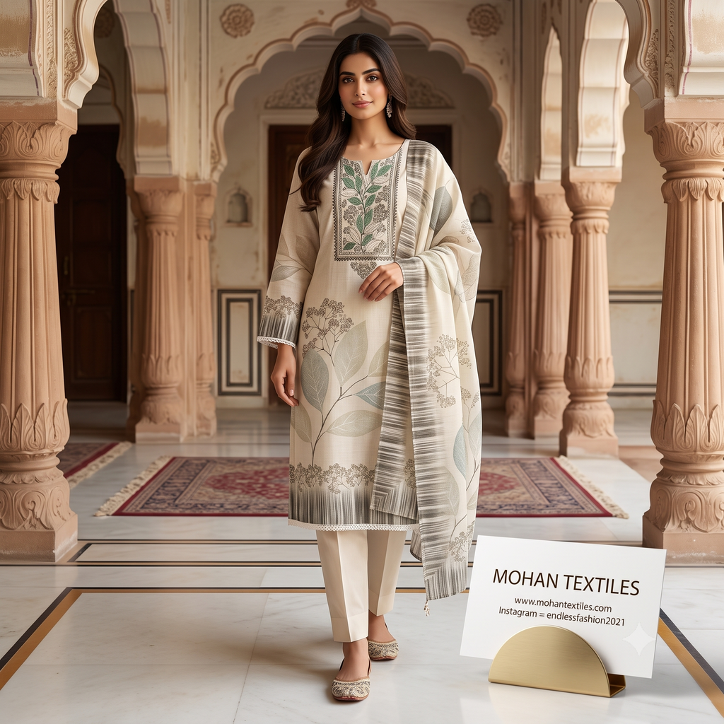 Model standing in an arched courtyard, wearing a cream unstitched linen suit set with sage green leaf embroidery and prints on the kurta and a matching dupatta. available at Mohan Textiles.
