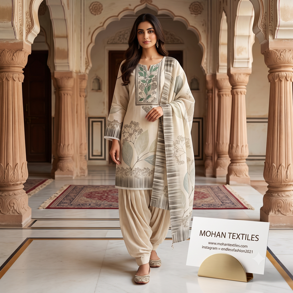 Indian woman wearing off-white pure linen Punjabi suit with sage green leaf embroidery and pleated Patiala salwar by Mohan Textiles