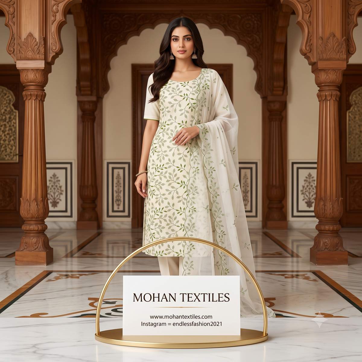 Off-white khadi cotton embroidered punjabi salwar suit in mehendi green leaf pattern with sheer dupatta Mohan Textiles