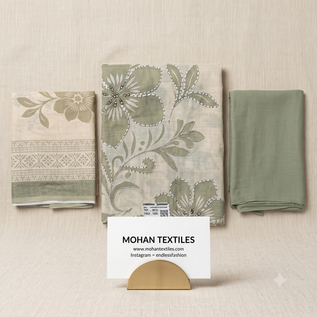 Sage olive green embroidered floral linen cotton unstitched dress material with dupatta – Mohan Textiles