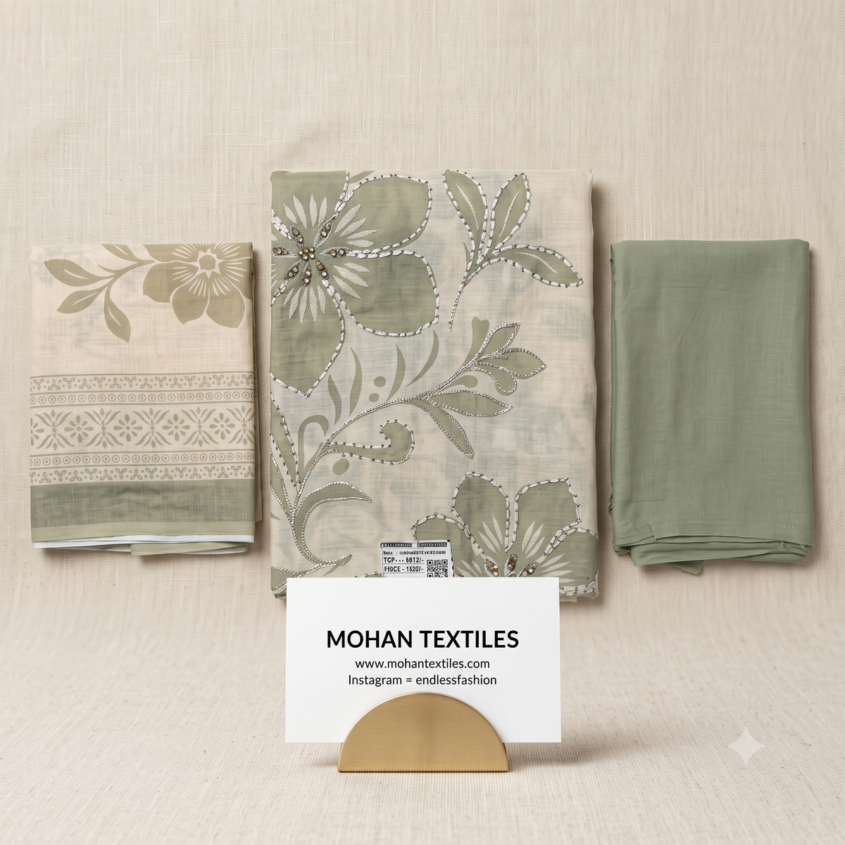 Sage olive green embroidered floral linen cotton unstitched dress material with dupatta – Mohan Textiles