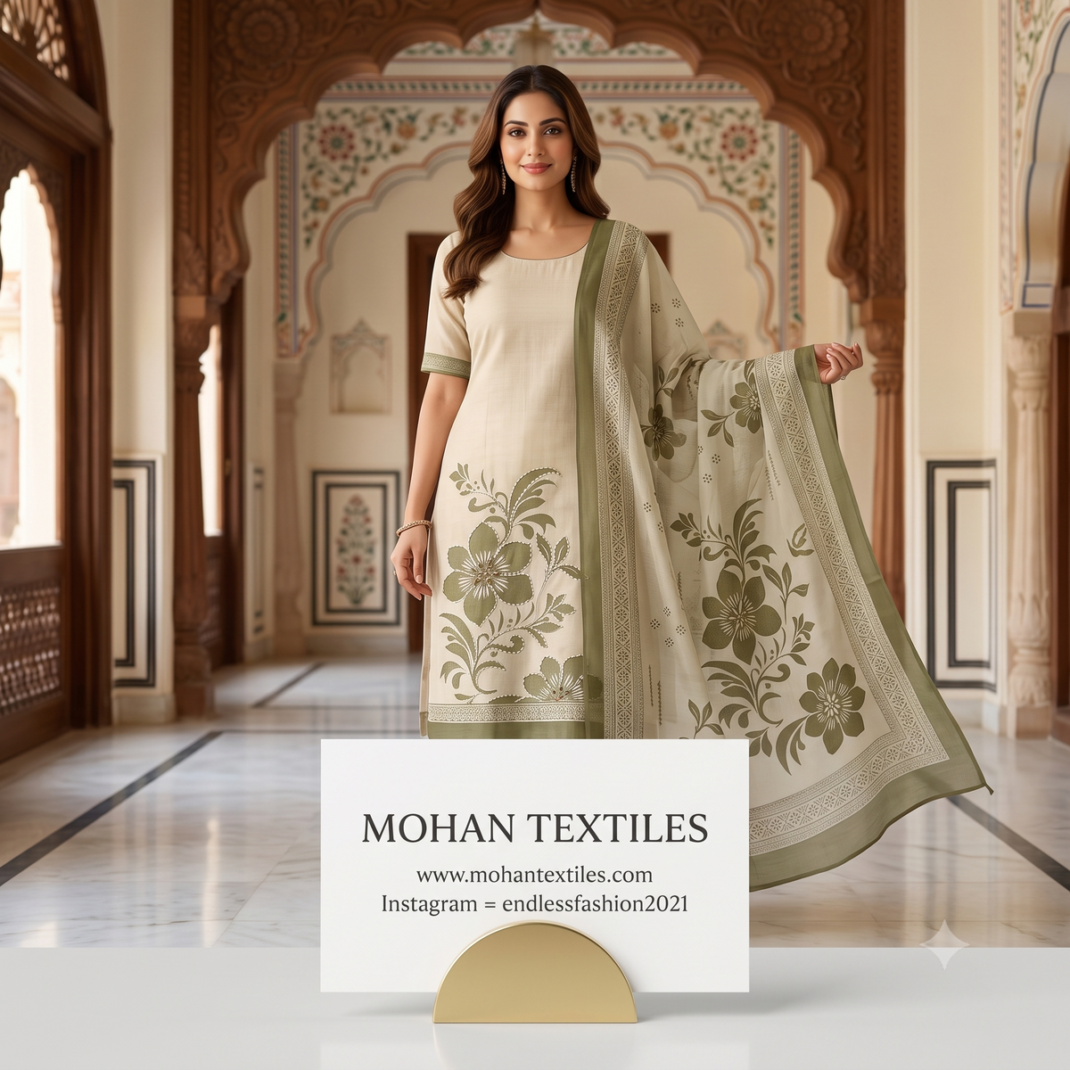 Model showcasing sage green floral printed linen cotton Punjabi suit with matching dupatta – Mohan Textiles