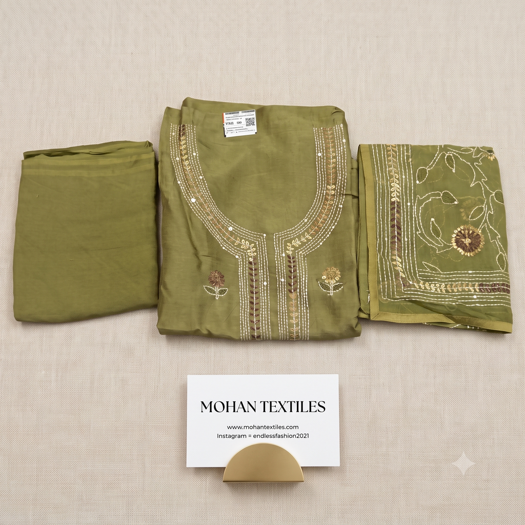Olive green pure muslin unstitched Punjabi suit material set with phulkari embroidered dupatta by Mohan Textiles