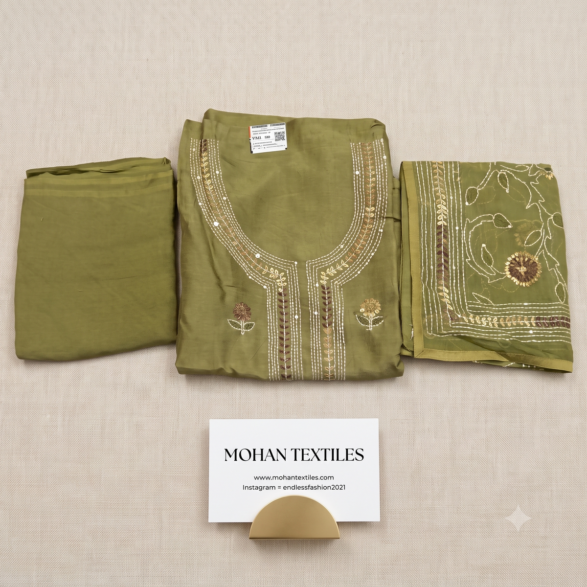 Olive green pure muslin unstitched Punjabi suit material set with phulkari embroidered dupatta by Mohan Textiles