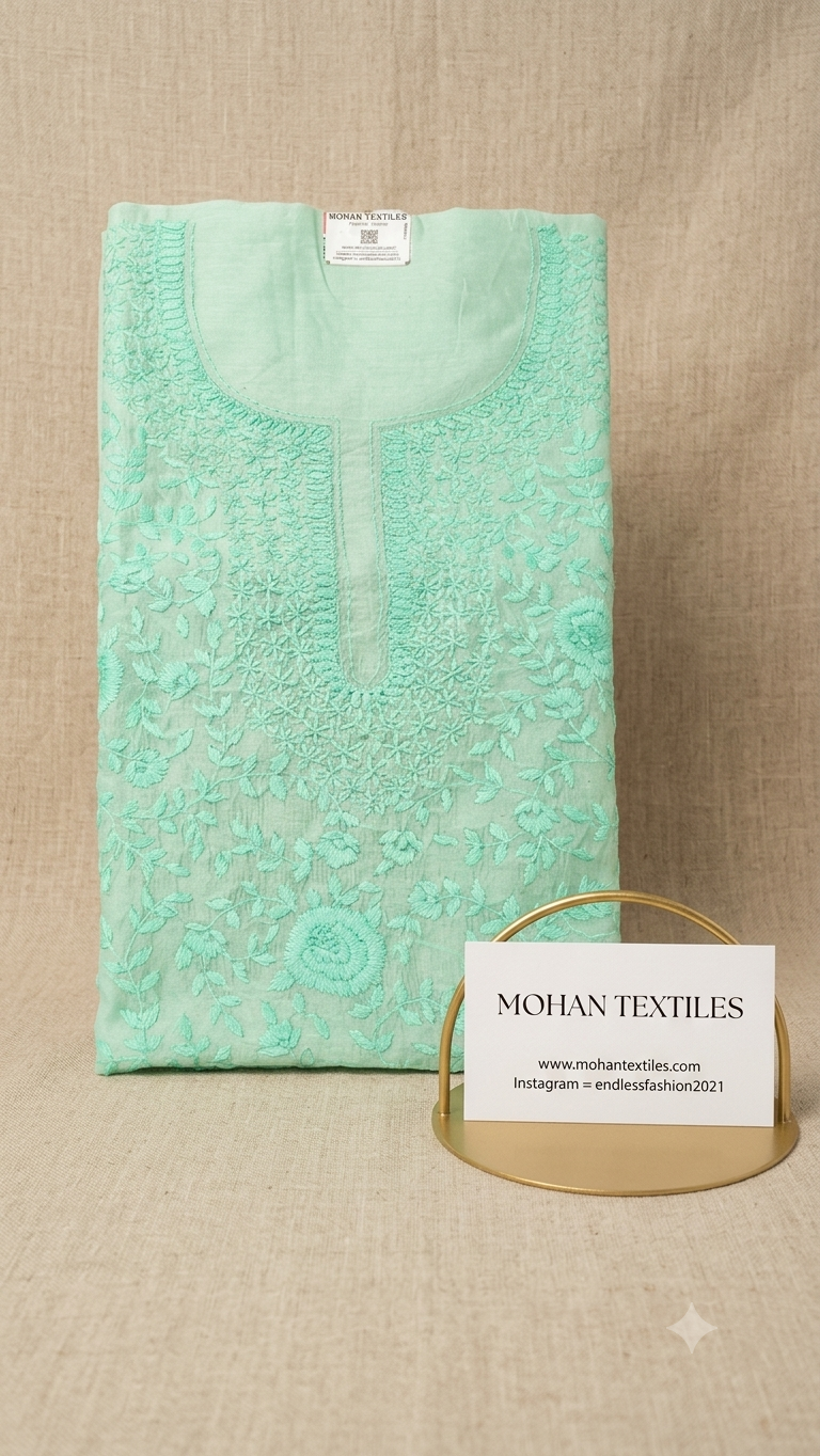 A folded mint green Phulkari embroidered kurta or tunic with floral lace and embroidery, displayed on a beige textured fabric background. A small gold stand holds a white card with the brand name 'MOHAN TEXTILES' printed on it.