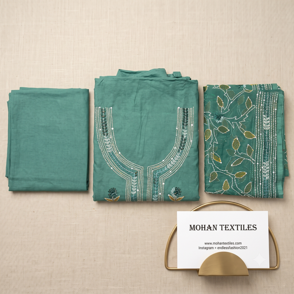 Sea green teal muslin unstitched salwar kameez suit material with phulkari embroidery work by Mohan Textiles