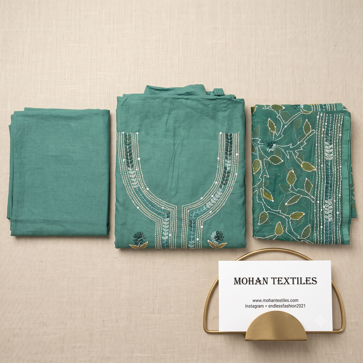 Sea green teal muslin unstitched salwar kameez suit material with phulkari embroidery work by Mohan Textiles