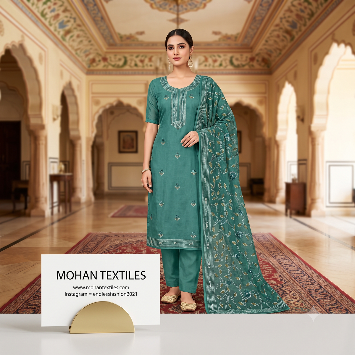 Mohan Textiles Phulkari Hand Embroidered Unstitched Suit Material – Festive Wear