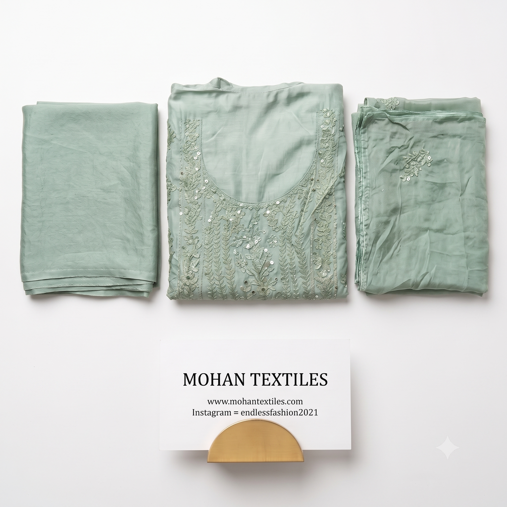 Seafoam green soft muslin embroidered Punjabi suit with sheer dupatta Mohan Textiles