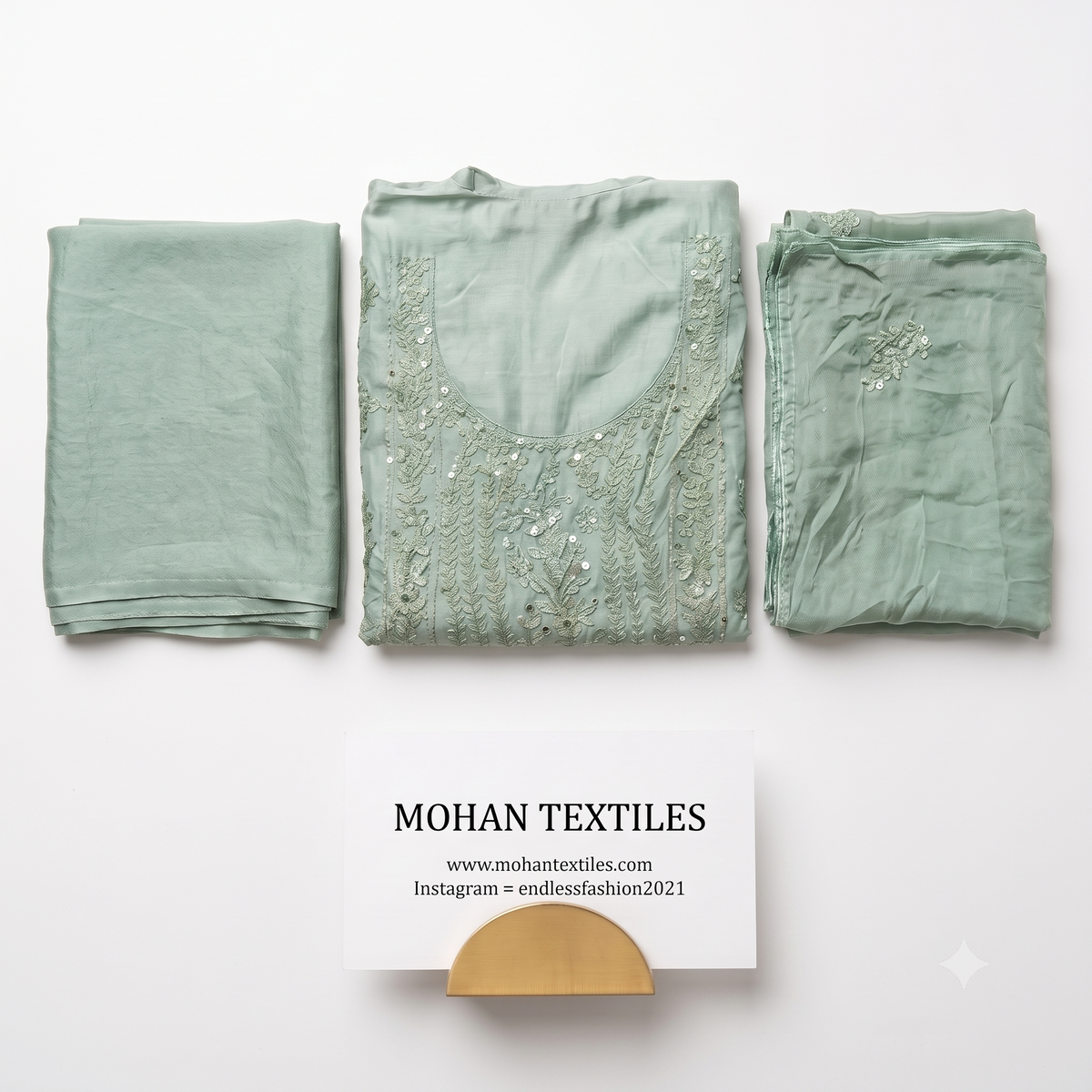 Seafoam green soft muslin embroidered Punjabi suit with sheer dupatta Mohan Textiles