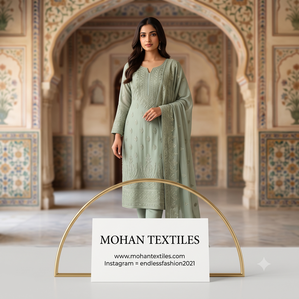 A woman stands in a grand, ornate interior wearing a sage green embroidered traditional outfit with matching pants and a draped scarf. A white sign in the foreground reads 'MOHAN TEXTILES' with website and Instagram details, and a gold arch frame sits below the model.