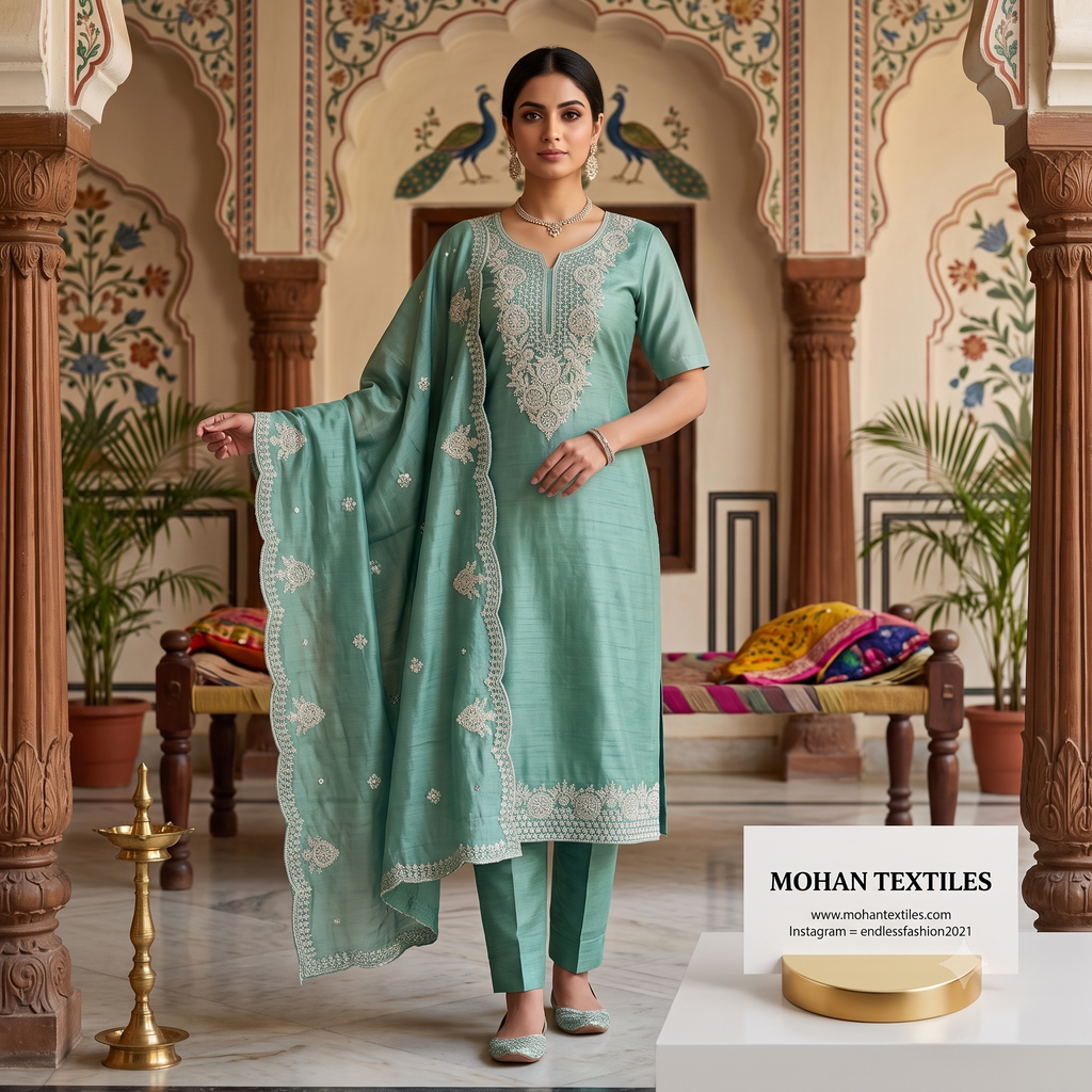 Elegant Neckline Embroidered Unstitched Suit Set with Scalloped Dupatta