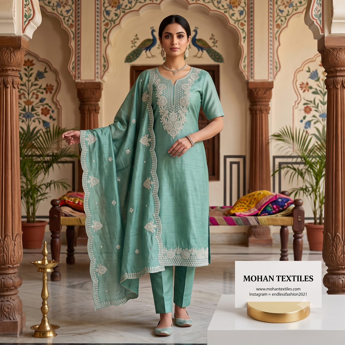 Elegant Neckline Embroidered Unstitched Suit Set with Scalloped Dupatta