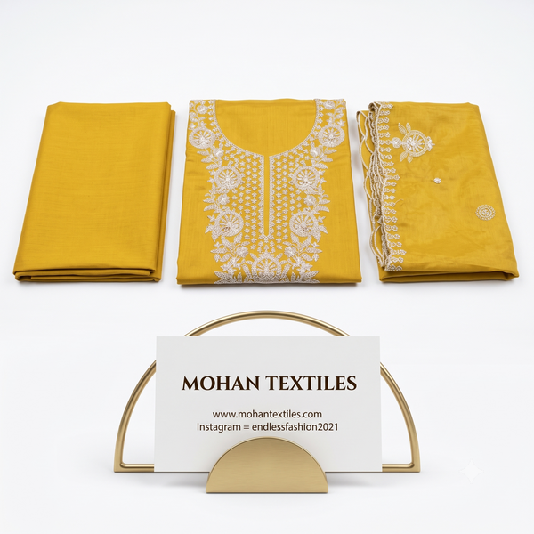 Three folded pieces of mustard yellow fabric displayed on a white background, with the center piece featuring white floral embroidery and the right piece showing embroidered borders. A gold metal stand holds a white card reading MOHAN TEXTILES.