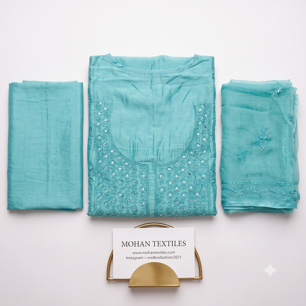 Turquoise blue soft muslin embroidered unstitched Punjabi suit set with dupatta Mohan Textiles Amritsar