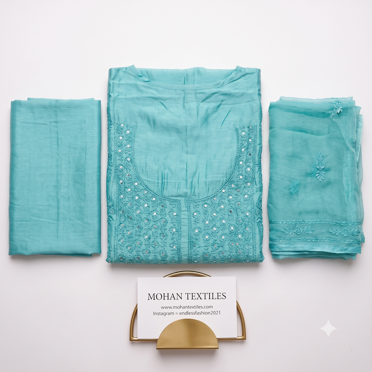 Turquoise blue soft muslin embroidered unstitched Punjabi suit set with dupatta Mohan Textiles Amritsar