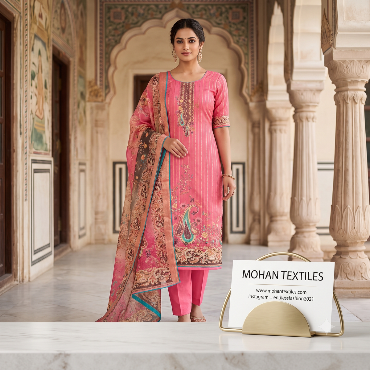 Indian woman wearing dusty rose pink short sleeve printed Punjabi suit with paisley printed dupatta in heritage lobby setting