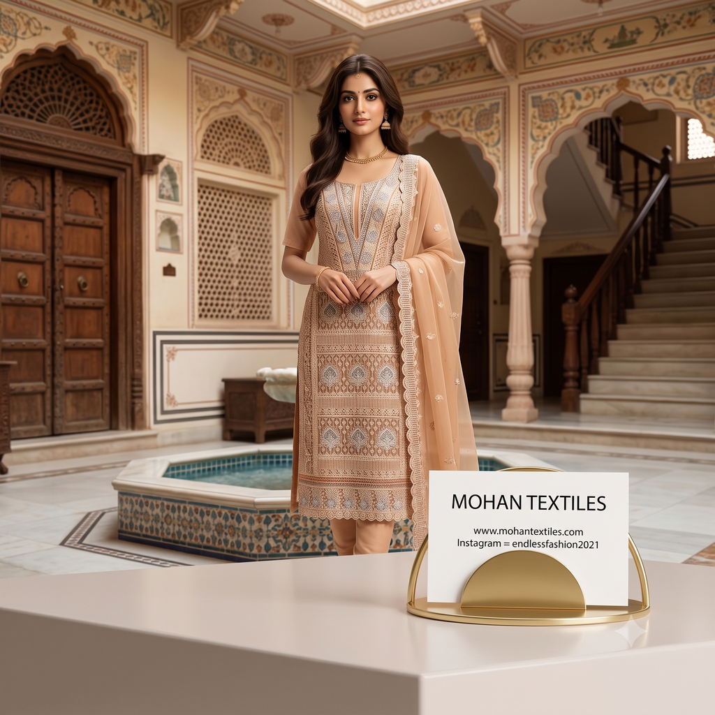 A woman stands indoors wearing a peach-colored embroidered kurta set with a matching dupatta. The setting is an ornate interior with arches, wooden doors, and a staircase.
