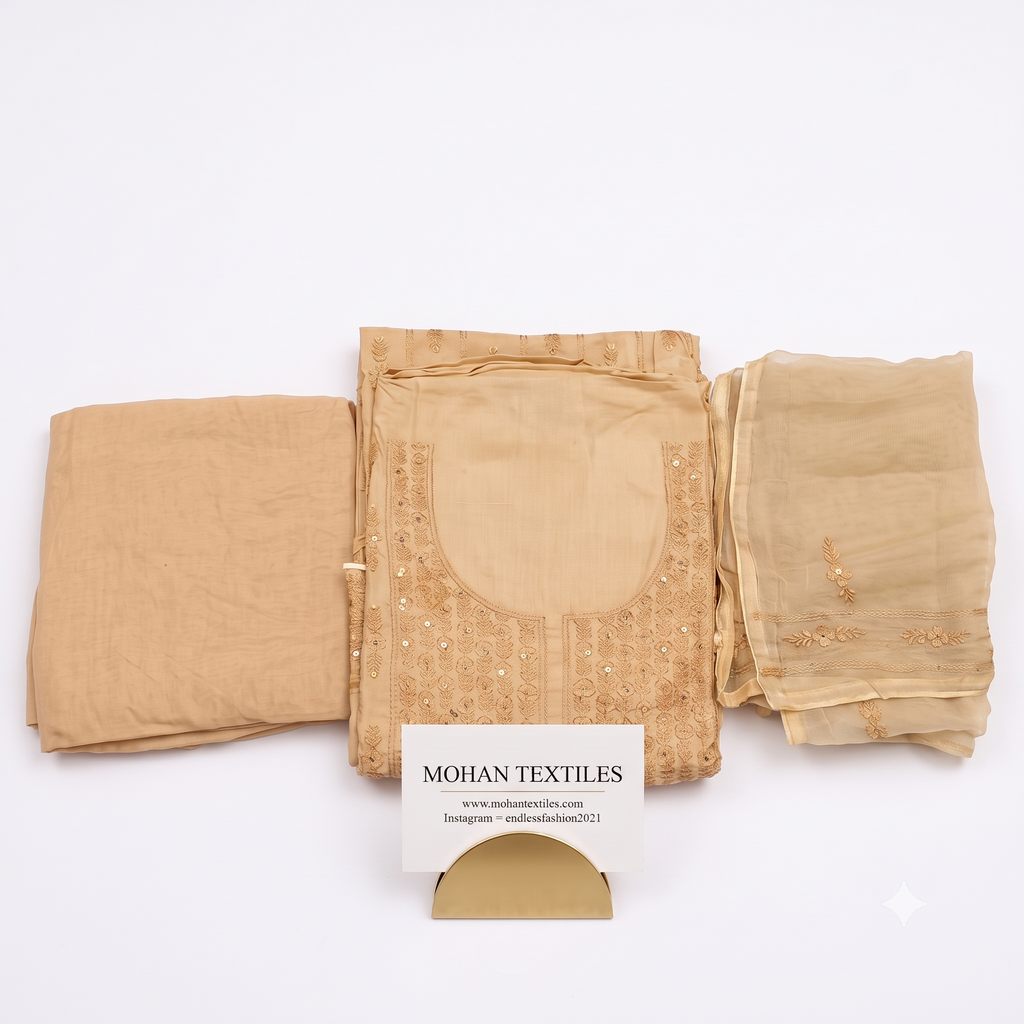 Pure Soft Muslin Embroidered Unstitched Punjabi Suit Set with Dupatta | Mohan Textiles