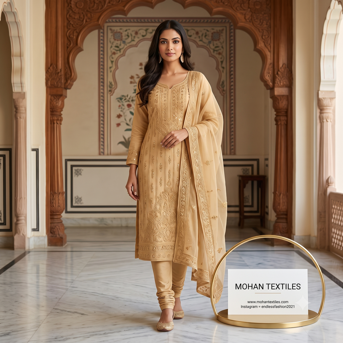 A woman models a traditional beige embroidered Indian salwar kameez suit with matching pants and dupatta in an ornate indoor corridor. A sign for 'MOHAN TEXTILES' is visible in the foreground.