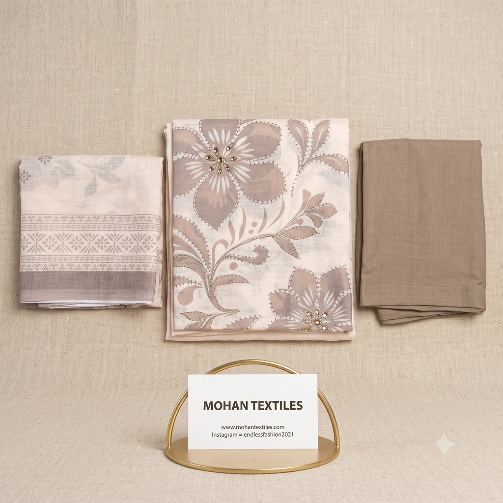 Warm taupe floral printed linen cotton unstitched Punjabi suit set with plain bottom – Mohan Textiles