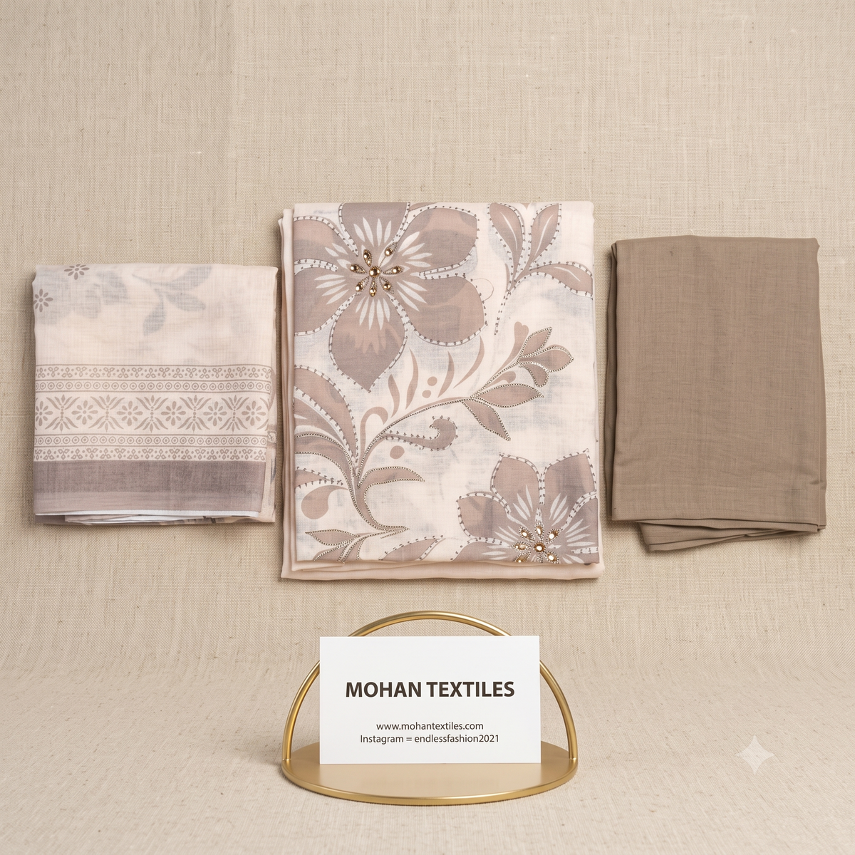 Warm taupe floral printed linen cotton unstitched Punjabi suit set with plain bottom – Mohan Textiles