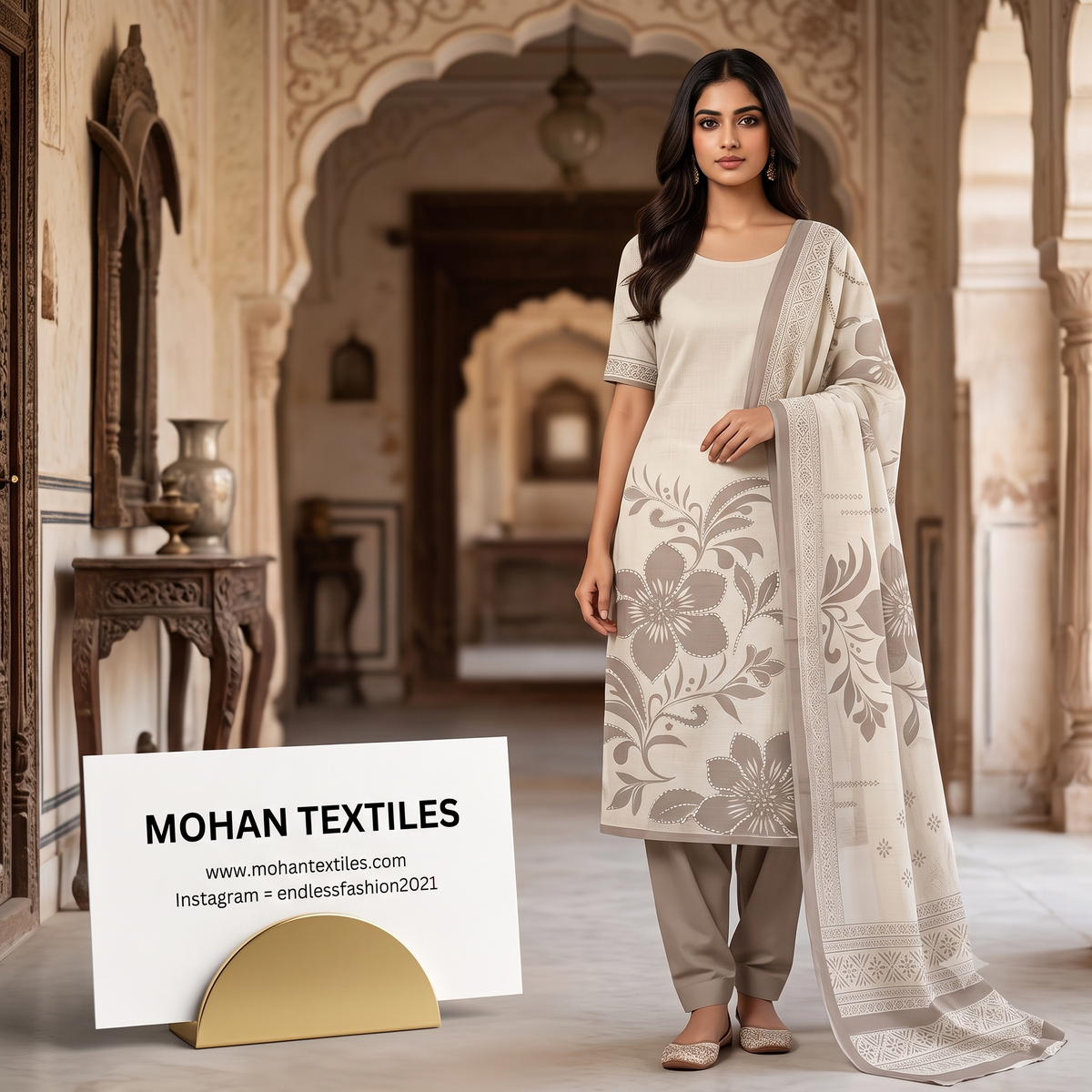 Model wearing warm taupe floral print linen cotton kurti with matching trousers and dupatta – Mohan Textiles