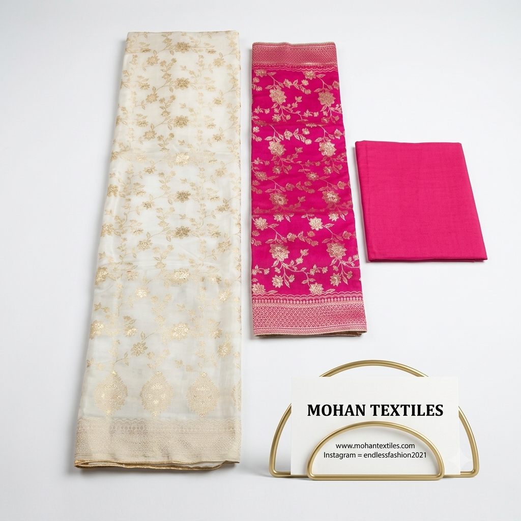 Flat lay of White & Pink unstitched Banarasi style party wear dress material, featuring intricate gold zari floral weaving and a matching dupatta, available at Mohan Textiles.