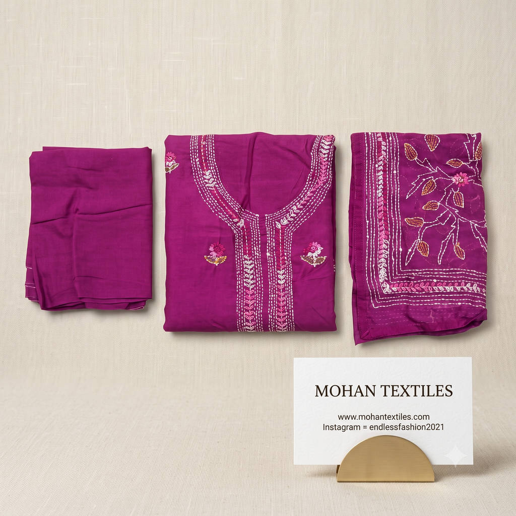 Wine magenta unstitched muslin fabric phulkari suit set with embroidered neckline