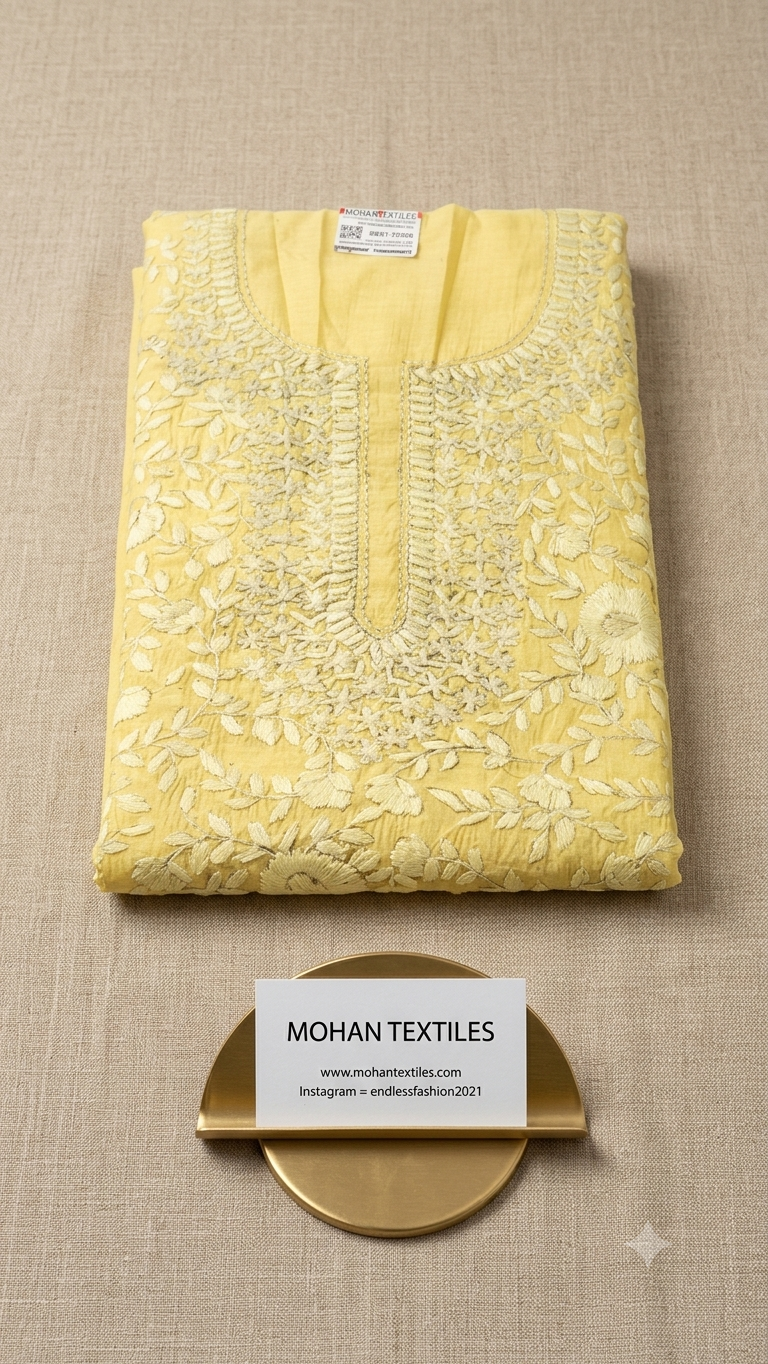 A folded light yellow phulkari embroidered kurta or tunic laid flat on a beige textured fabric background, with a visible MOHAN TEXTILES label at the collar and a gold-toned brand card holder below.