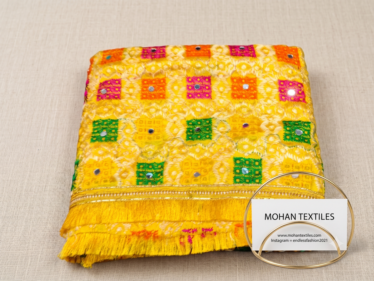 Yellow Phulkari dupatta with heavy mirror work and Amritsari embroidery – Mohan Textiles