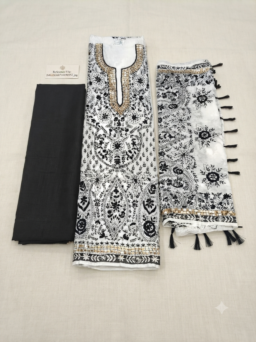 A three-piece unstitched salwar kameez suit set laid flat on a beige fabric background. The set includes a white printed salwar kameez top with black floral patterns and gold embroidery around the neckline, a black fabric trouser leg, and a white printed dupatta with black tassels and gold border detailing.