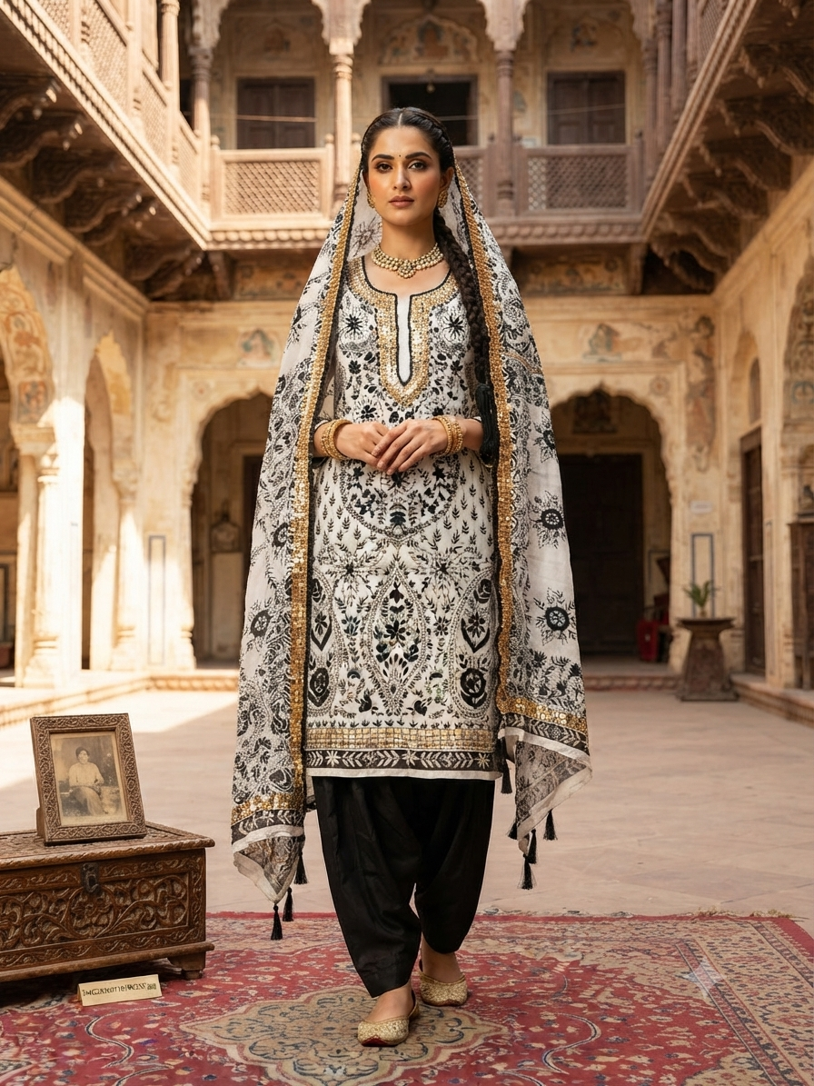 A woman stands in a historic courtyard wearing a traditional South Asian outfit with a white printed kurta, black pants, and a matching printed dupatta. The courtyard features ornate beige stone walls, arches, and a red patterned rug.