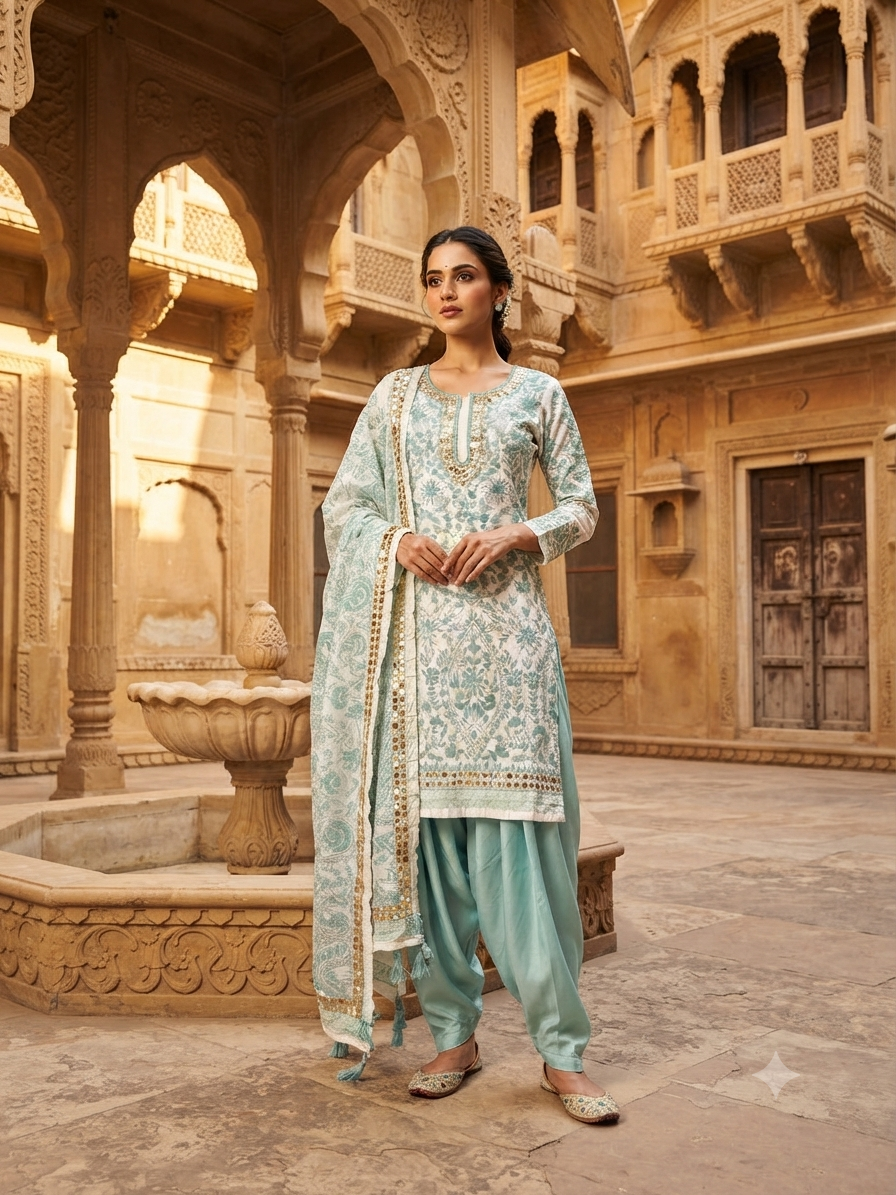 A woman stands in a sunlit courtyard with carved sandstone arches and balconies, wearing a light aqua traditional salwar kameez outfit with intricate white floral embroidery, matching pants, and a draped dupatta.